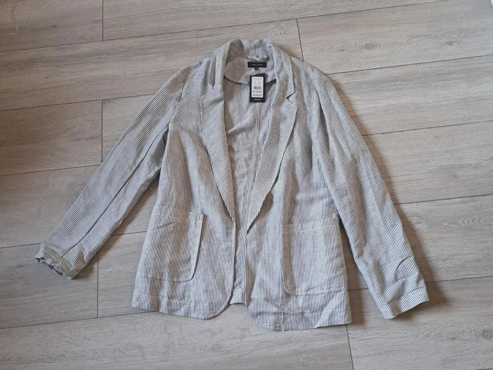 New Look Blue & White Striped Jacket Linen Mix Pockets Casual Nautical BNWT UK12 - Image 2 of 4