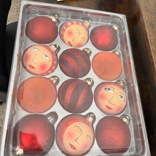 12/Pc VTG Christmas Handpainted Glass Ornaments 3" Glitter 1999 May Company +Box - Picture 7 of 20