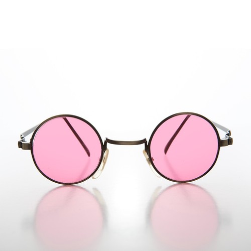 Small Round Pink Lens Hippy Vintage Sunglasses - Chan - Picture 2 of 3