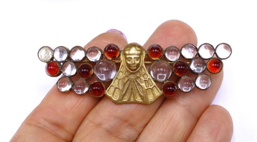Antique early 20's Art Deco brass tone & clear red dome glass cabochon w religio - Picture 3 of 9