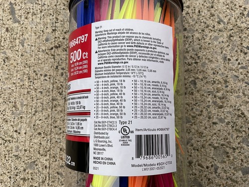 Cable Zip Ties 4” 6” 8” in Assorted Colors 500 ct Utilitech Type 21 & 21S - Picture 2 of 3