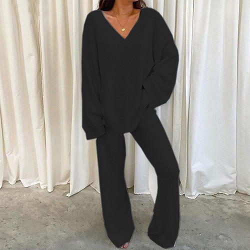 Women Fuzzy Fleece Loungewear Pajama Set Long Sleeve Top Wide Leg Pants S-XXXL - Picture 8 of 23