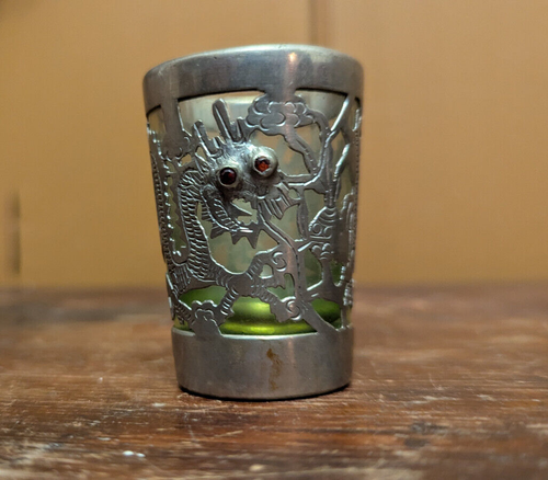 19TH C. Chinese TUNC DEH LEE CHEFOO Pewter Decanter w 7 Uranium Dragon Glasses - Picture 14 of 24