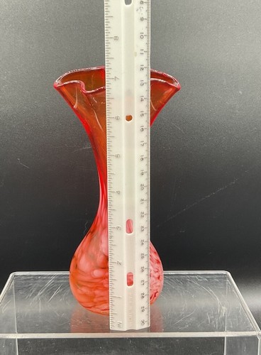 Vintage Mid Century Mod Red Orange White Swirl Blown Glass Vase Swung Ruffled - Picture 7 of 7