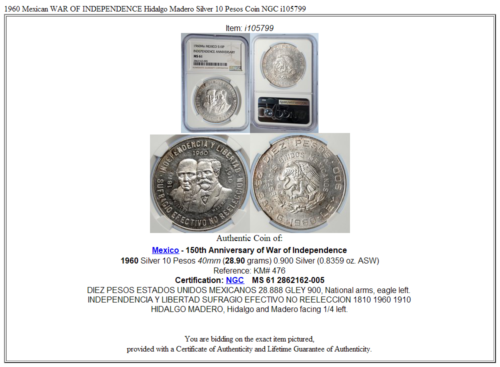 1960 pièce de 10 pesos argent GUERRE D'INDÉPENDANCE vendre mexicaine Hidalgo Madero neuf dans son emballage extérieur i105799