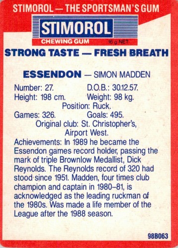 Signed 1990 ESSENDON BOMBERS AFL Card SIMON MADDEN Scanlens - Picture 2 of 2