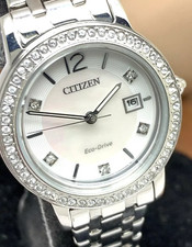 CITIZEN ECO-DRIVE (solar) WOMEN'S WATCH, MOP DIAL, CRYSTALS on BEZEL, FE1180-65D