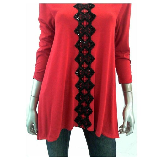 August Silk Women Top Blouse S Red Tunic Embellished Asymmetrical - Picture 2 of 3