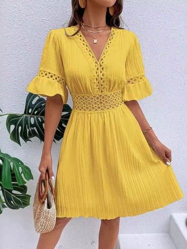 Damen Sommerkleid Mit V-Ausschnitt Und Spitze Kurzärmelig Lässiges Minikleid | - Picture 13 of 21