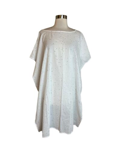 EILEEN FISHER Tunic Top L White Voile Splatter Print Caftan Organic Cotton NWOT