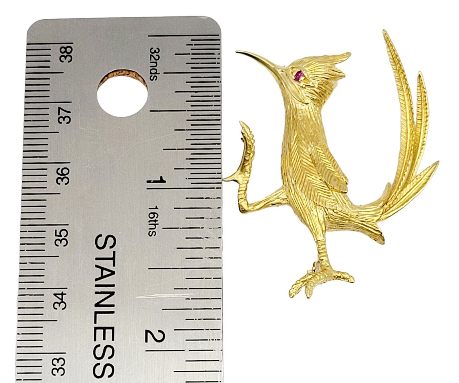 Brooch Polished Gold Roadrunner Bird Red Gemstone… - image 9