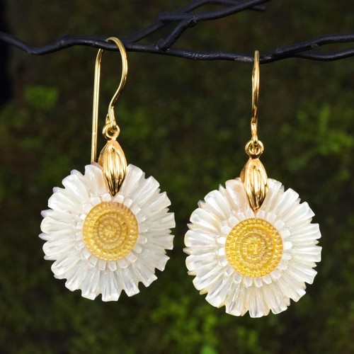 Flower Earrings Mother-of-Pearl & Vermeil Gold-plating on Sterling Silver 4.91 g - Picture 7 of 12