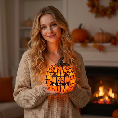 Halloween Pumpkin Lamp Tiffany Style Stained Glass Light Vintage Resin Jack-O...