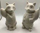 2 cute Ceramic Fox & Racoon White Sculpture Ornaments diamanté eyes - 6”