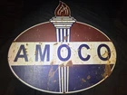 Vintage Amoco Gas Station Sign 28x26 Weathered. Porcelain Enamel?