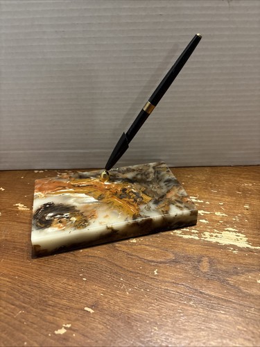 Vintage 1980’s Cast Resin Faux Agate Stone Marble Picture Frame & Pen Set Decor - Picture 9 of 14