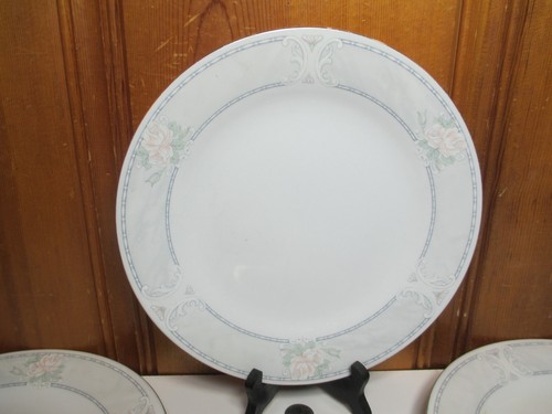 Set of 4 Tienshan Regency Fine China 10 1/2" Dinner Plates Pink Roses Gray Rim - Picture 2 of 6