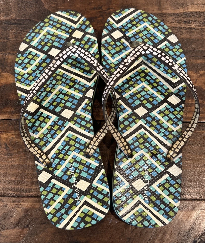 Chanclas para mujer Vera Bradley patrón geométrico azul/verde talla 7-8 medianas Foto 2 de 4