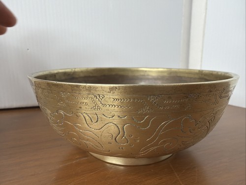 Vintage Chinese Brass Footed Bowl with Dragon Etching Almost Five Inches Around - Picture 2 of 24