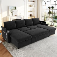 109.5" U-Shaped Sectional Sofa Upholstered Sofa w Storage Chaise Lounges Black