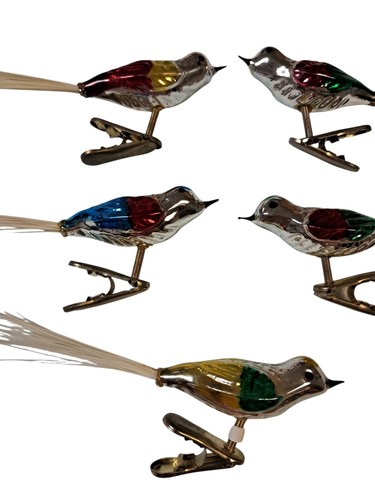 Vintage Menge 5 Quecksilber Glas Clip-on Vogel Ornamente mit gesponnenen Glasschwänzen - 5" lang - Bild 3 von 4