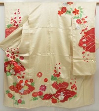 5404T14z1010 Vintage Japanese Kimono Silk FURISODE Chrysanthemum Light cream