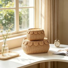 2Pcs Woven Storage Baskets with Lids Rattan Handwoven Decorative Set