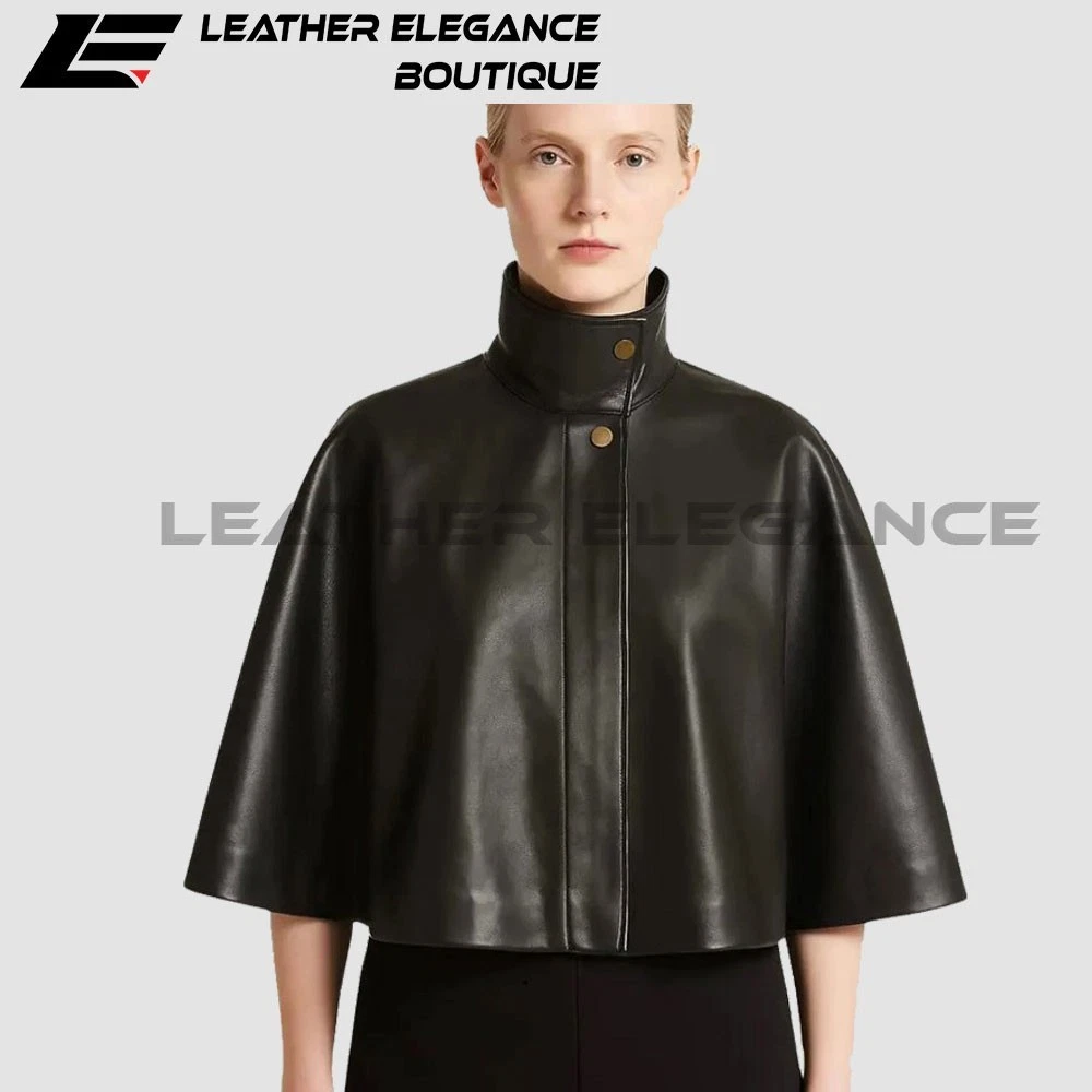 Women’s Genuine Leather Cape Coat – High Collar Poncho Jacket, Black Cloak Style