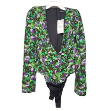 Zara Floral Surplice Neck Bodysuit Small Green NWT Lightly Padded V-Neck