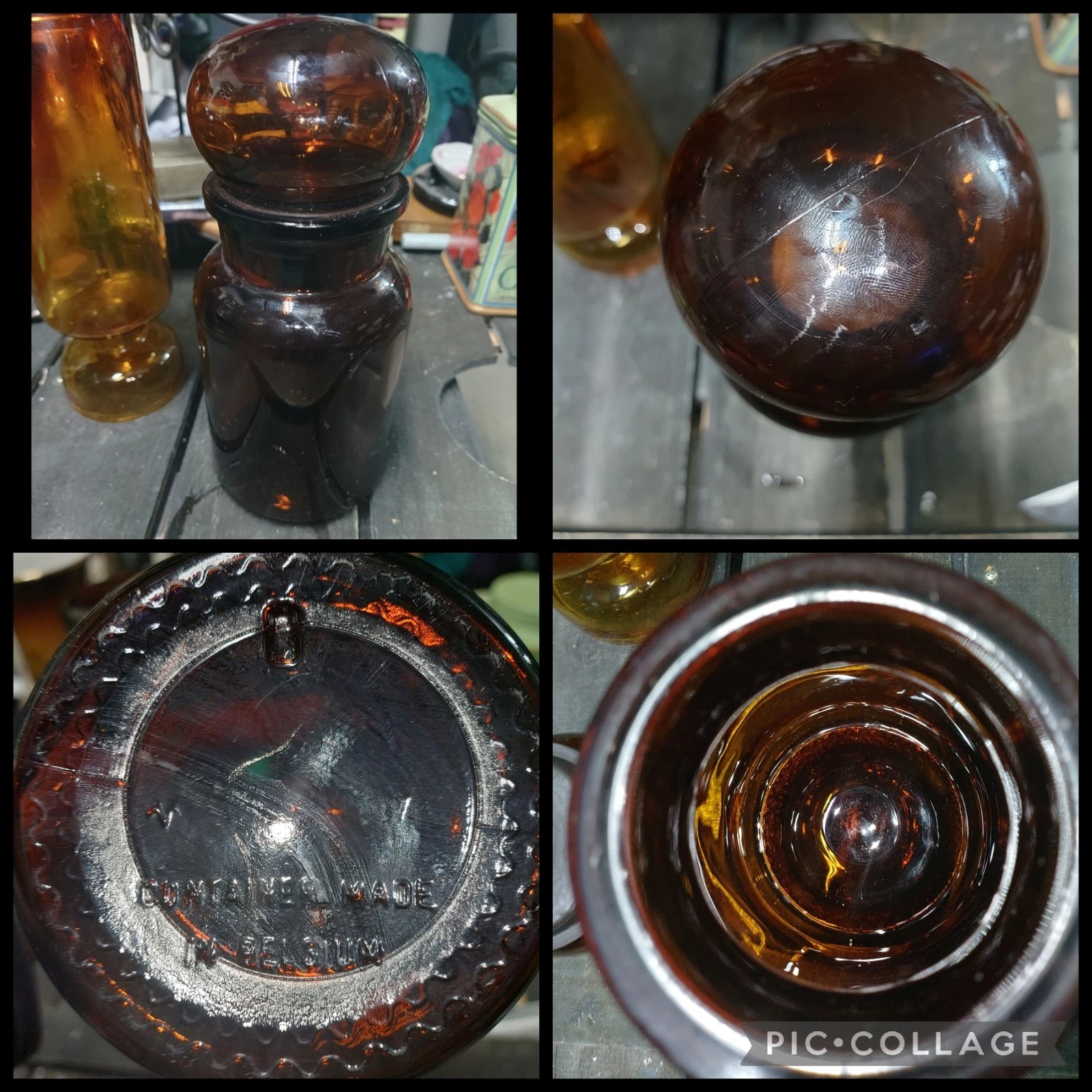 Vintage Amber Glass Bubble Top Jar Made in Belgium, Apothecary Jar, MCM Decor