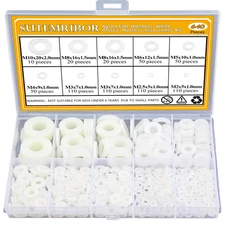 640-Piece 8-Size White Nylon Washers Assortment Kit - Metric & Flat Washers (M2-