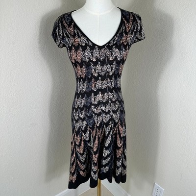BCBGMAXAZRIA Knit Dress Womens XS Black Silk Blend Jacquard Art Deco Geometric