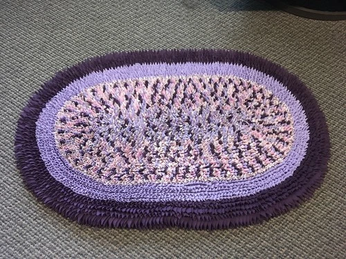 Sewn Triangle Rag Rug Handmade Oval 36x24 Purples Pink Cottage Core