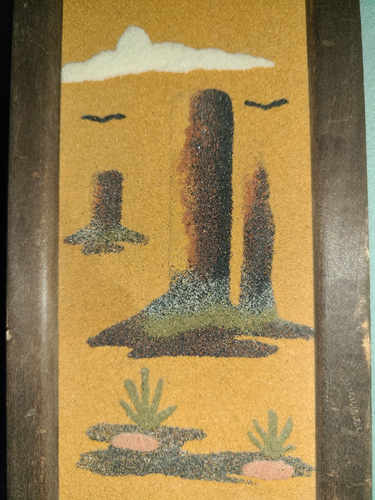 Vtg wood framed Southwest desert scene sand painting, yellow background w rocks - Picture 2 of 12