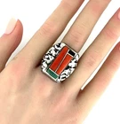 Vintage Larry Castillo Navajo Coral Onyx Turquoise Sterling Silver Ring Size 9