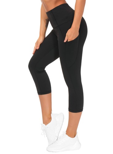 High Waist Yoga Capris with Pockets, Tummy Control Workout Leggings Black - Bild 1 von 6
