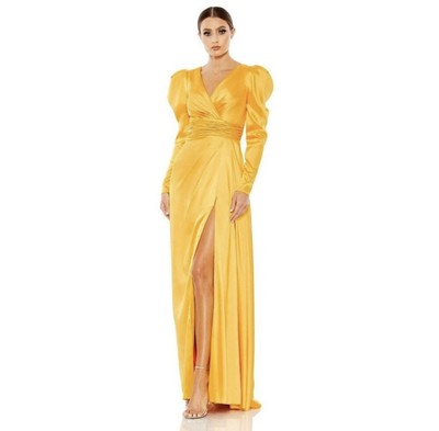 Mac Duggal Faux Wrap Mango Yellow Long Sleeve A Line Gown Womens Size 6 12404