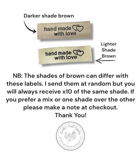 10pcs Woven Label Hand Made With Love Brown DIY Sew On Knitting Crochet Tag BN - Picture 2 of 7