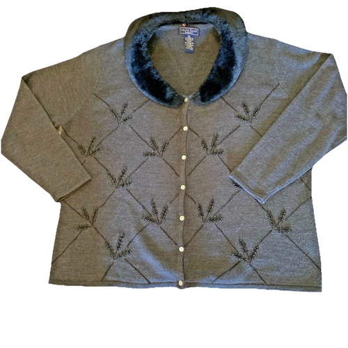 Laura Scott Woman Cardigan Sweater 2X Dark Gray Removable Faux Fur Collar Beaded - Picture 10 of 16