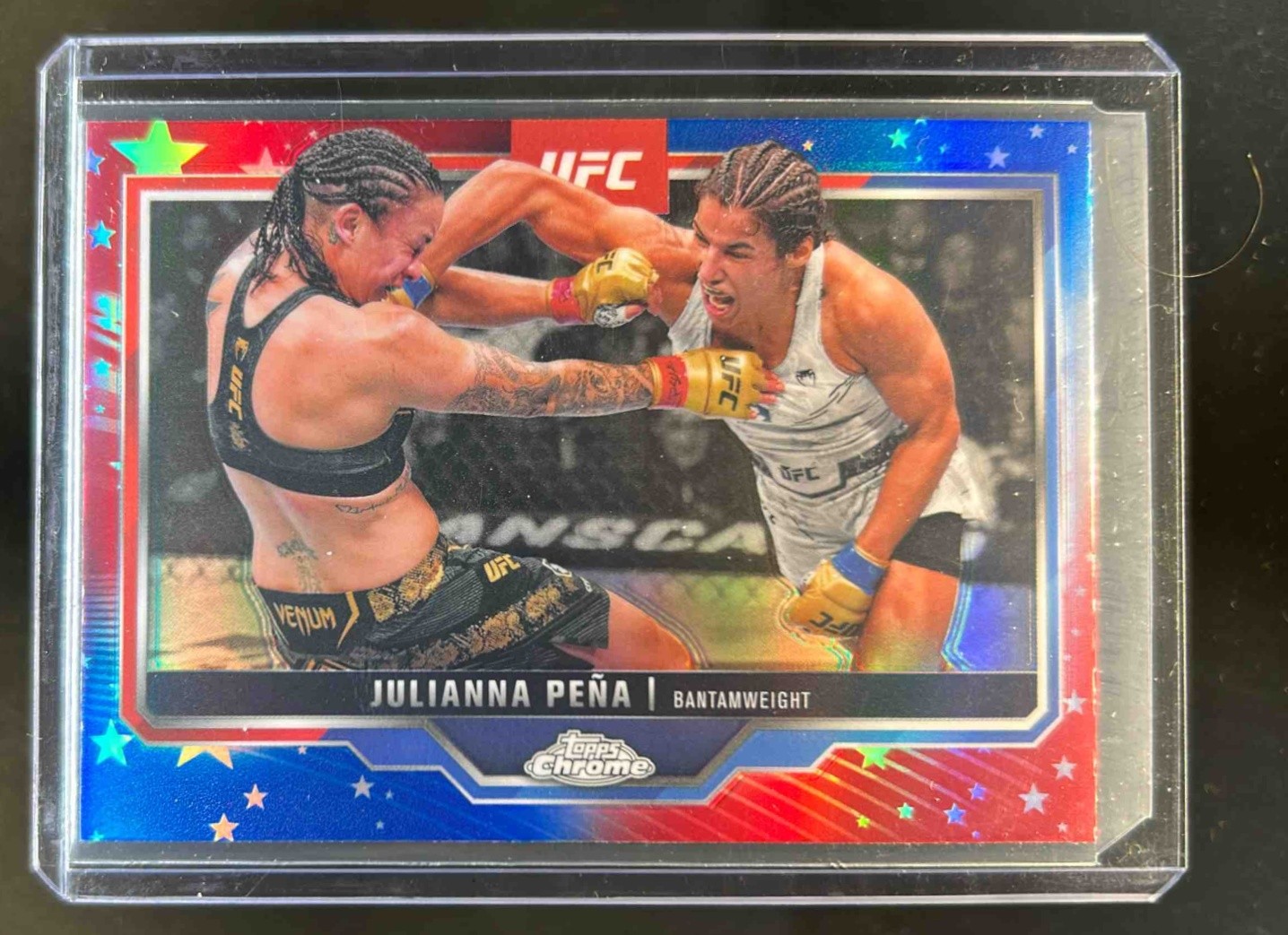 2025 Topps UFC Chrome Julianna Pena Red & Blue Refractor #142