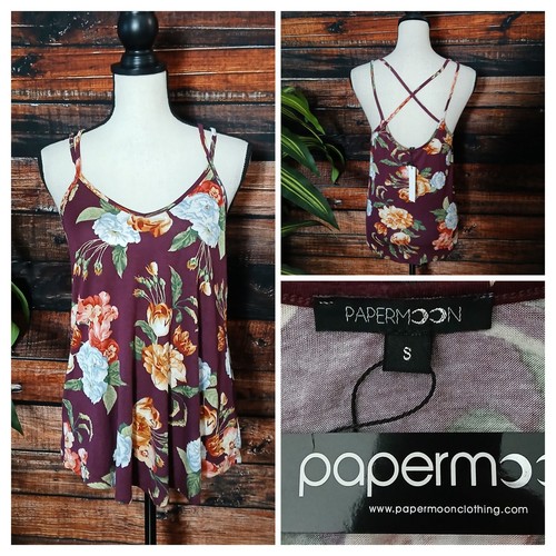 PaperMoon Tank Top Small Rayon Basima Cross Strap Burgundy Wine Floral Flowy NWT