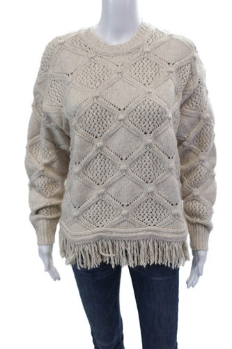 Frye Damen Zopfmuster Rundhals Langarm Pullover Pulli Oberteil Beige Größe S