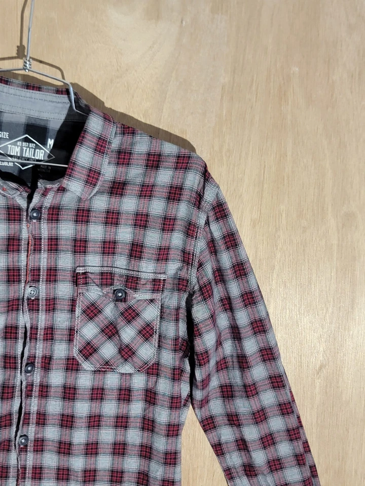 Tom Tailor Mens Plaid Flannel Button-Up Shirt Red Gray Long Sleeve Regular Fit M - Image 3 of 4