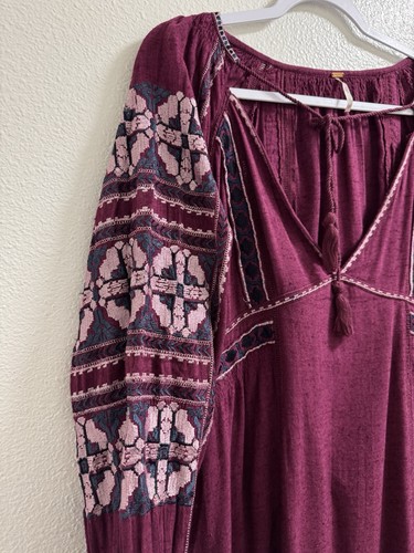 Free People All My Life Embroidered Mini Dress Pullover Tie Neck Burgundy Small - Picture 9 of 15