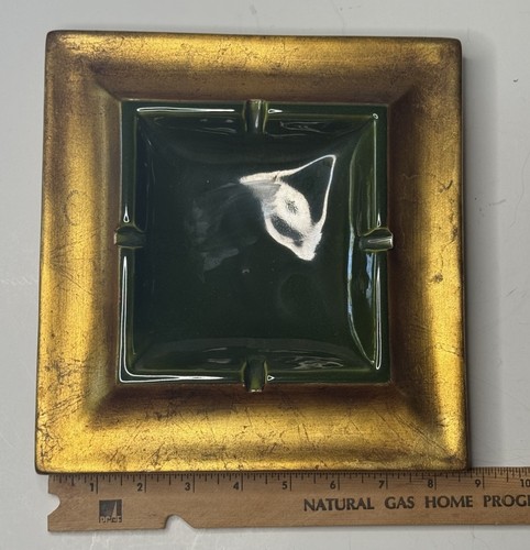 Vintage Freeman McFarlin MCM 60s California Pottery Green Gold Ashtray 9” - Picture 12 of 12