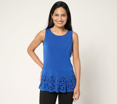 Susan Graver Women's Top Sz M Liquid Knit Sleeveless Peplum Laser Blue A692158