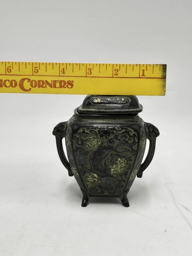 Japanese Metal Antique Incense Burner Urn KORO Lidded 2 Handle Artisan Handcraft - Picture 10 of 11