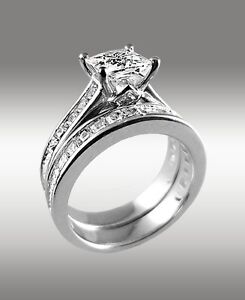 3-72Ct-Princess-Cut-Engagement-Ring-w-Matching-Wedding-Band-14K-Solid-White-Gold