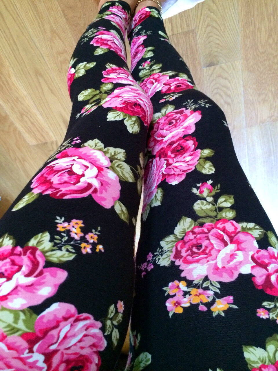Black FLORAL Flower PINK Roses Ankle Leggings pants Cotton S M L 2-12 ...