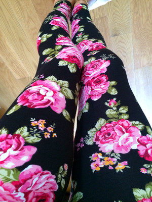 Black FLORAL Flower PINK Roses Ankle Leggings pants Cotton S M L